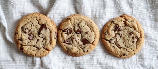 Five cookies, one with a bite, seen from above on a white kitchen towel in a vertical format.
