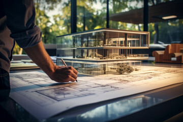 Architects imagination. Illustration of an architects, drawing developing into a 3-D model before his eyes on the proposed building plot.