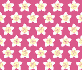 Plumeria. White silhouettes of a tropical flower isolated on a pink background, vector illustration, seamless pattern, ornament. For backgrounds, cards, wrapping paper, wallpaper, prints and fabrics.