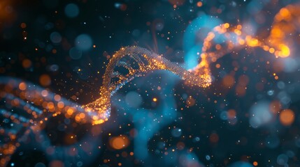 Artistic concept of a DNA double helix strand depicted with glowing digital particles, symbolizing biotechnology and genetic research.
