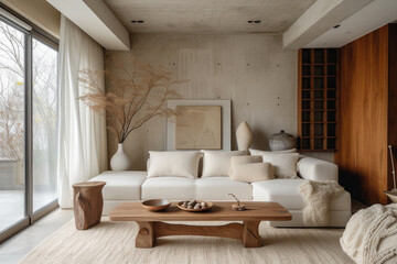 Cozy living room home interior design. Modern light house or apartment room with comfortable sofa, luxury stylish trendy couch and livingroom decor background. Living room furniture store concept .