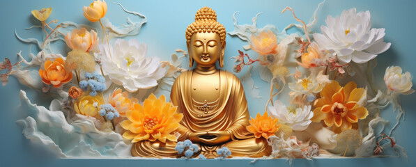 Glowing golden buddha decorated with lotus and colorful flowers