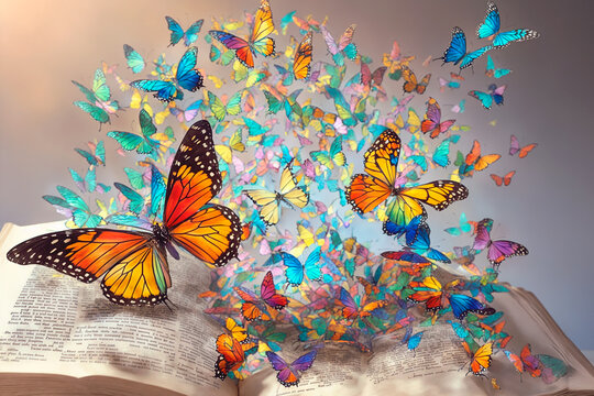 Multicolored glass butterflies emerging from an open book. Dark background. Imagination concept. AI Generated