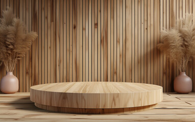 Minimalist Wooden Podium with natural light for Product Display