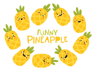 Pineapple tropical fruit collection. Funny characters with happy faces. Vector cartoon illustration in simple hand-drawn Scandinavian style. Ideal for printing baby products
