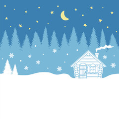 Horizontal seamless pattern with forest, house,  starry sky. Winter vector background.
