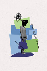 Vertical photo collage artwork of headless anonymous businesswoman traveling with suitcase bag...