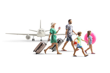 Family boarding a plane for a summer vacation, packed with suitcases and beach accessories