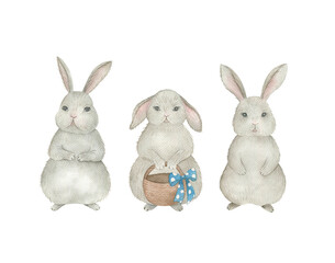 Watercolor bunny collection. Spring print with  rabbits. Hand drawn isoloated illustration on white background