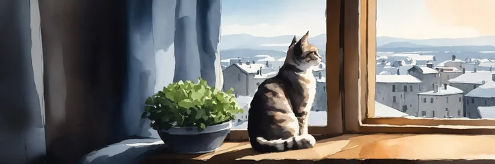 Foto op Plexiglas A cat sits on the windowsill and gazes at the winter urban landscape, watercolor. ©  Photinia Art