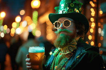 man in festive St. Patrick's Day costume holding beer - obrazy, fototapety, plakaty