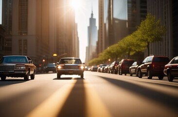  car drives along a city street on a sunny morning, front view