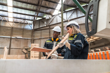 Wood worker man and woman checking wood planks wood assembly line manufacturing factory