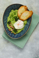 Mashed peas, with boiled egg, fried bacon, toast, baguette, breakfast, homemade , no people,