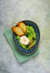 Mashed peas, with boiled egg, fried bacon, toast, baguette, breakfast, homemade , no people,
