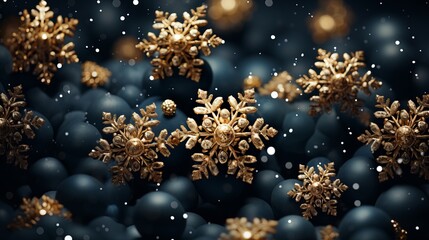 Fototapeta na wymiar Elegant winter background with gold and navy snowflakes for seasonal designs and decorations