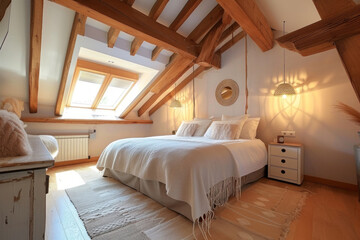 Rustic attic bedroom featuring exposed wooden beams, skylight windows, a comfortable bed with white linen and fringed throw, a bedside table, and a warm-toned area rug.