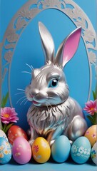 Cute silver Easter Bunny with colorful eggs and flowers on a blue background, easter card, Easter Banner, Easter Wishes