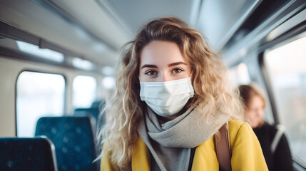 Portrait of a young student with a mask traveling by bus to college or work, on public transportation.