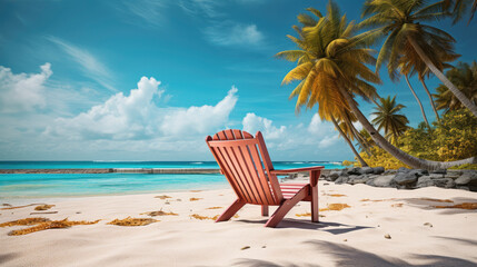 Holiday bliss. Empty deck chair on the tropical sandy beach, blue sky turquoise ocean