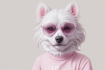 Funny happy dog wearing sunglasses on pink background. AI generative