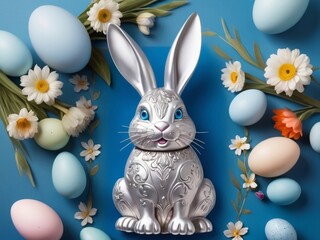 Naklejka na ściany i meble Cute silver Easter Bunny with colorful eggs and flowers on a blue background, easter card, Easter Banner, Easter Wishes
