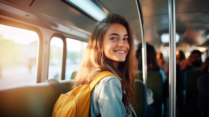 Portrait of a happy young student woman traveling by bus to go to college or work , taking public transport.