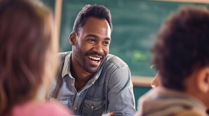 Smiling Male Teacher Engaging with Young Students in Classroom.