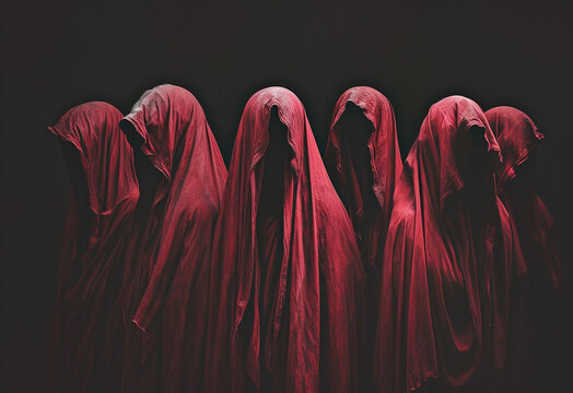 Group of people in red cloaks with hoods, in a mysterious setting. An creepy dramatic atmosphere. Generative AI