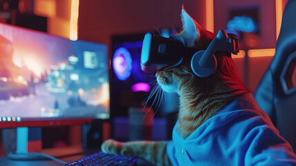 Cat wearing virtual reality headset playing video games at home in neon light.