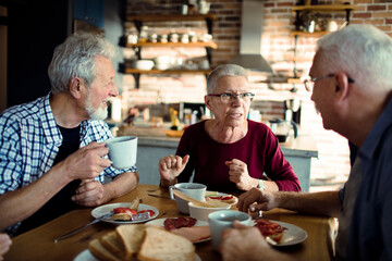 Smiling senior people having breakfast together at home