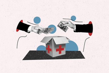Composite collage picture image of hands give money banknotes boxes donation medicament weird freak bizarre unusual fantasy billboard