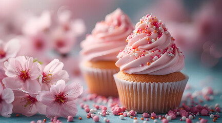 Cupcakes with spring flowers. - obrazy, fototapety, plakaty