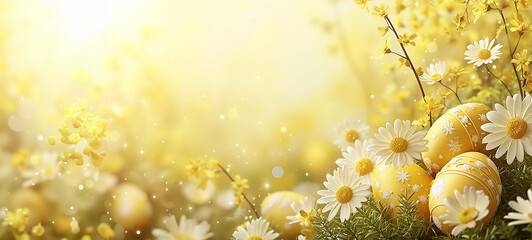 sfondo Pasquale giallo delicato con uova di Pasqua e fiori , spazio per testo,