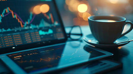 A digital tablet showing stock market apps and financial news, with a cup of coffee and glasses beside it, early morning trading setup, trader concept - obrazy, fototapety, plakaty