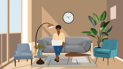 Freelancer black girl working remotely sitting on sofa at cozy living room. Modern african american female character use laptop, chatting or surfing internet at home. Vector colorful illustration.