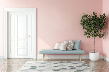 Simplistic foyer with pastel walls, a slim bench, and indoor plant.