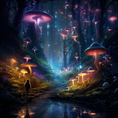 Magical mushrooms forest, with magical creatures, adventure