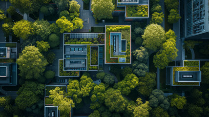 Dynamic aerial shot of a green technology campus, illustrating the EcoTech revolution with sustainable innovations harmonising with the environment  - obrazy, fototapety, plakaty