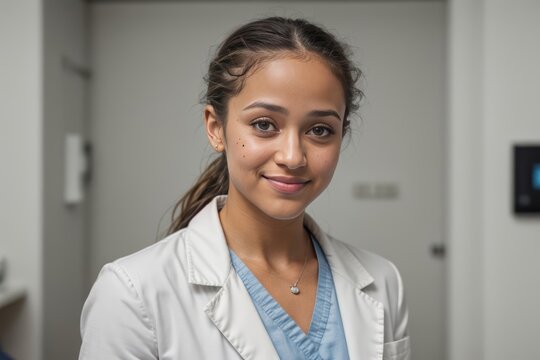 Cheerful and confident young female doctor looking at camera standing in hospital