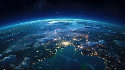 Fototapeta premium view of planet Earth at night with illuminated city lights.