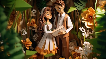 happy couple lover in garden, cute cartoon character paper craft style illustration, Generative Ai