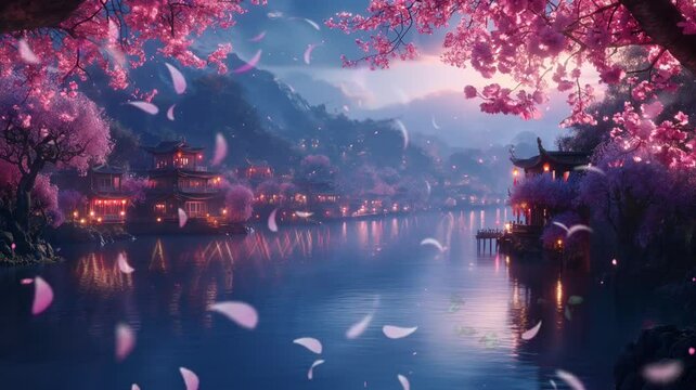 A serene river flows along the blossoming cherry blossoms, creating a charming and refreshing natural scene where the beauty of the water, video looping