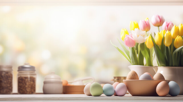 Classic Easter composition: Bright eggs on a kitchen counter surrounded by flowers, evoking a festive and joyful atmosphere. Space for text and Easter themed message