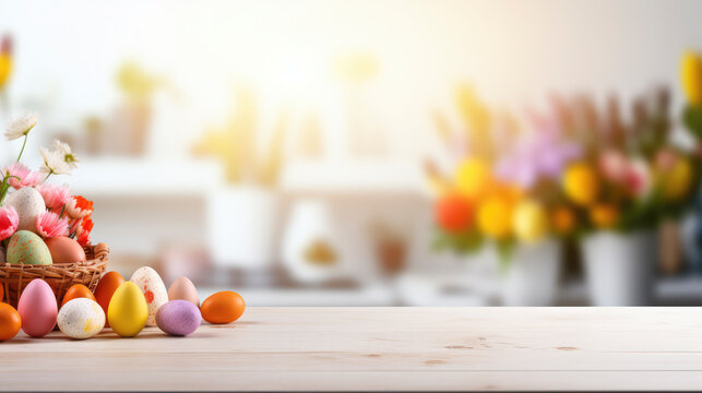 Easter themed eggs on the kitchen worktop with bright sunshine and flowers in the background. Space for text and Easter themed message