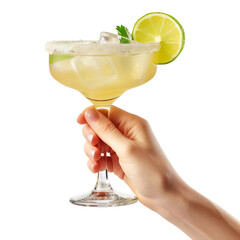 Female hand holding glass of delicious margarita cocktail Isolated on transparent background.