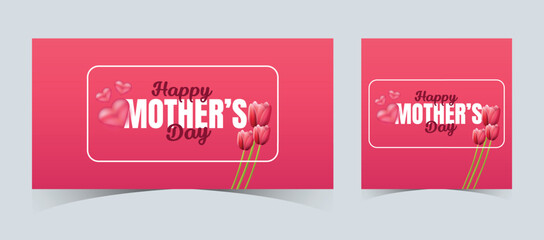 Set of Happy Mother's Day Web Banners and Post Templates. Mother's Day Greeting Card with 3d Love Balloons. Happy Mom Love Sign with Heart and Flowers. Flying Pink Paper Hearts. Mom Love Background