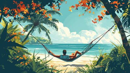Illustration of a person lying on a hammock and looking at the sea