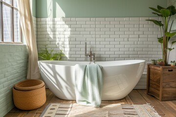Cozy bathroom corner with a freestanding bathtub, white subway tiles, and green plants.