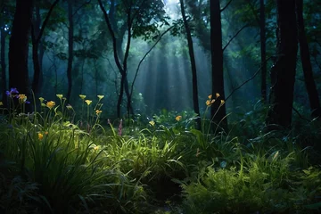 Gordijnen Enchanted Forest: Glowing Fireflies in the Foreground © rrdesignstd